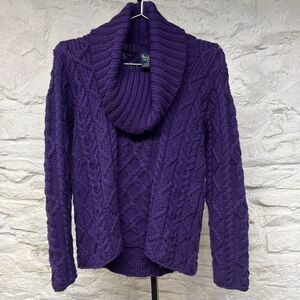 Paul James Women Fisherman Sweater 100% Wool Turtle Neck S England Purple